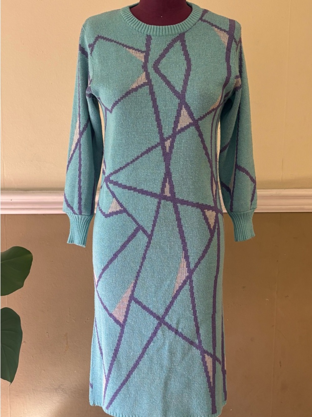80s Aqua Geometric Knit Sweater Dress